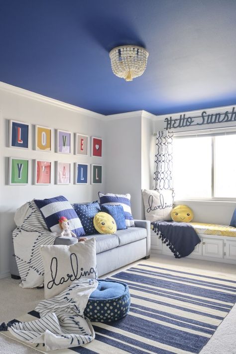 Bedroom Alternative, Striped Accent Wall, Grandkids Room, Bold Paint Colors, Room Focal Point, Colorful Playroom, Dark Paint Colors, Choosing Paint Colours, Playroom Bedroom