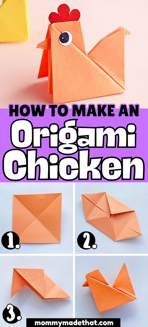 What to learn how to make an origami chicken? This easy origami tutorial shows you step by step how to make this super cute origami animal! This DIY chicken craft is tons of fun for kids and adults! Paper Animals Craft, Origami Easy Printable Templates, Fox Origami Easy, How To Origami Step By Step, Origami Farm Animals, Easy Paper Crafts Animals, Origami Chicken Easy, How To Make A Paper Animal, Easy Origami Step By Step Simple