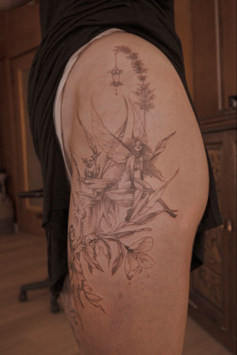 Fae Creature Thigh & Hip Tattoo by Mackenzie Evanjeline Fairies / Faeries, goblin, elves. Dark Fae Inspired Tattoos, Fairy Garden Tattoo Leg Sleeve, Ethereal Hip Tattoo, Fairy Tattoo Thigh, Fairy Hip Tattoo, Fairy Leg Tattoo, Fairy Thigh Tattoo, Full Sleeve Ideas, Hip Leg Tattoo