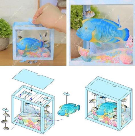 Paper Fish Tank, Things To Do In School, Paper Aquarium, Napoleon Fish, Pop Up Diy, Miniature Aquarium, Aquarium Craft, School Arts And Crafts, Paper Miniatures