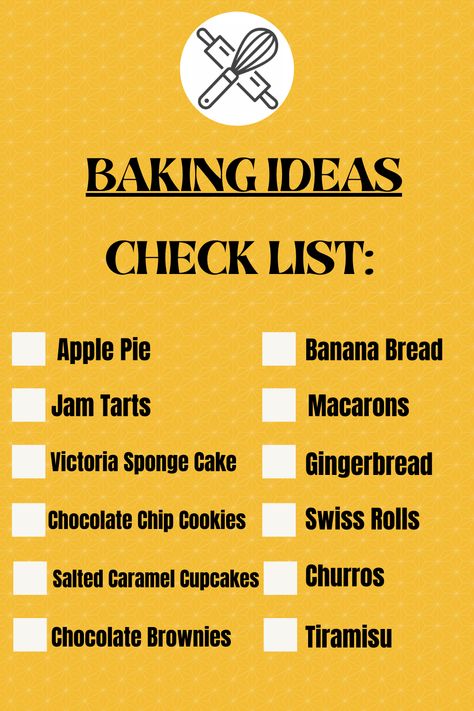 Baking Ideas Here are many ideas for your next bake! Print this list and check the boxes as you go! Comment your favourite dessert to make! Baking Checklist, Baking Bucket List, Bread Jam, Salted Caramel Cupcakes, Dessert To Make, Jam Tarts, Caramel Cupcakes, Victoria Sponge Cake, Victoria Sponge