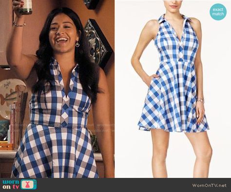 Jane’s blue gingham dress on Jane the Virgin.  Outfit Details: https://wornontv.net/61834/ #JanetheVirgin Jane The Virgin Outfits, Jane Villanueva, Blue Gingham Dress, Movie Outfits, Informal Dress, Gina Rodriguez, Worn On Tv, Designing Ideas, Simple Wardrobe