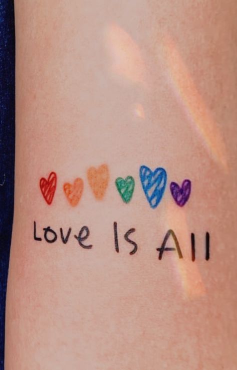 Small Rainbow Heart Tattoo, Love Is Love Tattoo Ideas, Lgbtqia Tattoo Ideas, Love Is Love Tattoo Pride, Love Is Love Tattoo, Lgbtq Tattoos Ideas, Ally Tattoo, Equality Tattoo, Heartstopper Tattoo