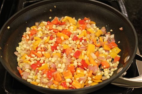 corn and pepper salad Pepper Salad, Food On The Table, Spanish Onion, Family Food, On The Grill, Saute Pan, Tomato Salsa, The Grill, Stuffed Bell Peppers