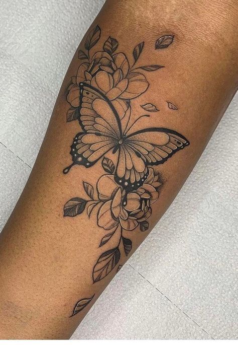 Butterfly And Flower Arm Tattoo, Butterfly Half Sleeve Tattoo, Butterfly Thigh Tattoos Women, Feminine Butterfly Tattoo, Lotus Flower And Butterfly Tattoo Sleeve, Butterfly Flower Tattoo Design, Butterfly Tattoo Leg, Butterfly With Half Flowers Tattoo, Feminine Forearm Tattoo