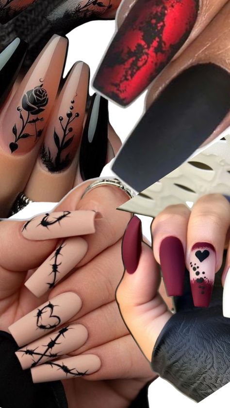 I wanna do the heart nail art and use the rose nail gloss style. I wanna do the black and red but I was thinking we use black and that red shade on the picture next to the black Matt nail Heart Nail Art, Heart Nail, Rose Nails, Heart Nails, Matte Nails, The Rose, Nail Ideas, The Black, Black And Red