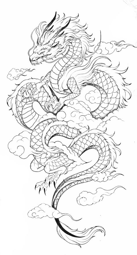 Chinese Dragon Stencil, Kimono Dragon Tattoo, Josh Duffy Tattoo, Asian Dragon Sketch, Dragon Sleeve Tattoo Design, Samurai Dragon Tattoo Design, Dragon With Flames Tattoo, Dragon Tattoo With Clouds, Line Work Sleeve Tattoos For Women