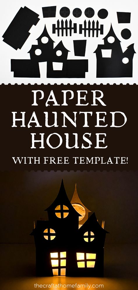 Photos of cut haunted house template and finished 3D haunted house with the words "Paper Haunted House with Free Template!" Diy Haunted House Silhouette, Haunted House Arrays, Build A Haunted House Stem, Diy Halloween House Craft, Haunted House Paper Craft, Diy Paper House Templates, 3d Paper Crafts Templates Free Printable Halloween, Halloween House Template, Haunted House Bulletin Board