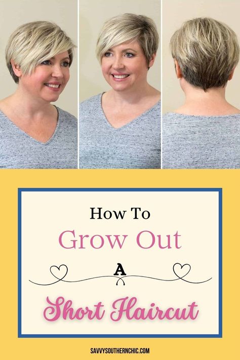 Tips and tricks for growing out short hair. Learn ways to style your short hair while it grows out. How To Grow Your Hair Out From A Pixie, Growing Out A Pixie Stages Of Tips, Grow Out Short Hair Stages Ideas, How To Grow Out Pixie Haircut, Hairstyles For Overgrown Pixie, Styling Hair While Growing It Out, Hair Growing Out, How To Grow Out Short Layers, Haircut For Growing Out Pixie