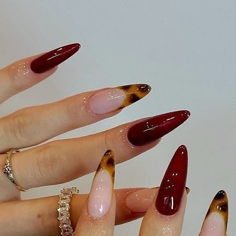 Almond Shape French Tip Design, Red With Design Nails, Coffin Almond Nails, French Art Nails, Different Shaped Nails On One Hand, Mixed French Nails, Red Tortoise Nails, Red French Tip Design Nails, Tortoise Nails Almond