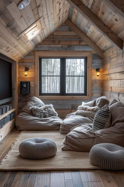 Attic Man Cave Ideas Small Spaces, Tiny Loft Ideas Upstairs, Basement Sleeping Space, Attic Nook Ideas Small Spaces, Cabin Loft Ideas Upstairs, Teen Loft Hangout, Loft Ideas Upstairs Cozy, Attic Tv Room, Loft Tv Room