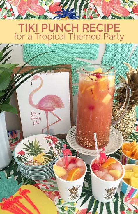 Tiki Punch Recipe for a Tropical Themed Party Simple Summer Party Decorations, Tiki Themed Bachelorette Party, Laua Party Food, Hawian Theme Birthday Party, Island Party Theme, Tiki Punch Recipe, Tiki Party Food, Tiki Punch, Tiki Party Decorations