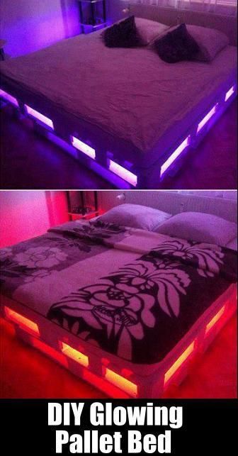 diy glowing pallet bed Bed With Lights, Diy Pallet Bed, Pallet Beds, Used Pallets, Pallet Bed, Pallet Sofa, Pallet Creations, Pallet Crafts, Can Lights