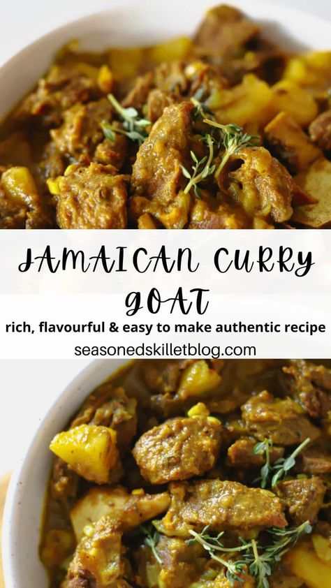 Jamaican Curry Goat is a beloved Caribbean meal made of stewed goat meat, and chunks of potatoes in a thick, savoury curry sauce. This full-flavoured dish is marinated overnight in Jamaican spices and then slow-cooked until it's fall-off-the-bone tender. Serve for dinner with a side of white rice, plantain and coleslaw. Curry Goat Jamaican Recipe Slow Cooker, Savoury Potatoes, Jamaican Spices, Jamaica Recipes, Curried Goat Recipe, Jamaican Curry Goat, Caribbean Dishes, Curry Seasoning, Goat Recipes