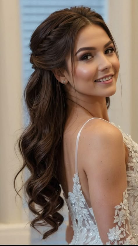 Long Hair Updo Wedding, Half Up Half Down Wedding Hair With Veil, Bridesmaid Hair Straight, Ponytail Bangs, Wedding Short Hair, Hair Updo Wedding, Short Hair Medium, Bangs Straight Hair, Black Ponytail#HomecomingUpdoHairstyles #HocoHairstylesPonytail #HocoHairstylesForLongHair Half Do Hairstyles Wedding, Half Up Half Down Occasion Hair, Medium Hairdo Wedding, Hair Styling Bridesmaid, Hairstyles For Weddings Medium Length, Simple Half Up Wedding Hairstyles, Plaited Half Up Half Down, Wedding Hairstyles Braid Hair Down, Wedding Hairstyles Long Hair Half Up