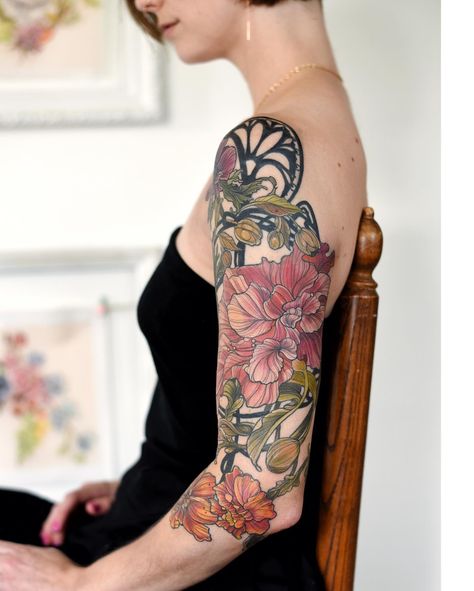 Art Nouveau Floral Tattoo, Deco Tattoo, Fleurs Art Nouveau, Art Deco Tattoo, Art Nouveau Tattoo, Nouveau Tattoo, Art Nouveau Flowers, Floral Tattoo Sleeve, Incredible Art