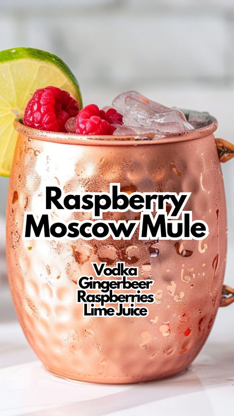 Raspberry Moscow Mule Raspberry Moscow Mule, Raspberry Moscow Mule Recipe, Raspberry Mule Drink Recipes, Mule Drink Recipes, Mule Variations, Moscow Mule Drink, Mule Drink, Cocktail Cards, Nonalcoholic Drinks