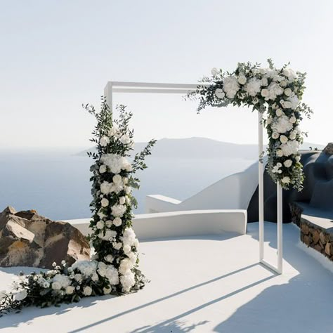 Wedding ceremony backdrops, gazebos and geometric designs | Weddings & Whimsy White And Beige Wedding Ceremony, Square Altar Wedding, Wedding Arch Aesthetic, Modern Wedding Arch Ceremony Backdrop, Alter Decor Wedding, Modern Ceremony Arch, Modern Wedding Ceremony Backdrop, Wedding Ceremony Pergola, Wedding Altar Ideas Indoor Ceremony Arch