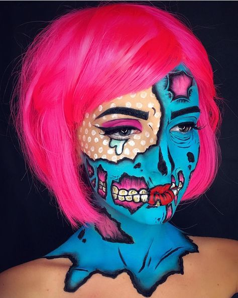 Pop Art Zombie Makeup, Zombie Makeup Easy, Uk Halloween, Pop Art Zombie, Zombie Pin Up, Pop Art Makeup, Face Art Makeup, Face Paint Makeup, Halloween Makeup Inspiration