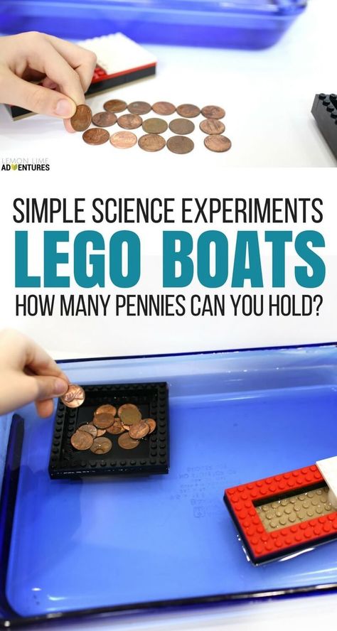 Lego Boats Science Experiment - How many pennies can your boat hold- Simple Stem Projects, Lego Boats, Simple Science Experiments, Lego Boat, Stem Projects For Kids, Lego Challenge, Simple Science, Lego Club, Lego Activities