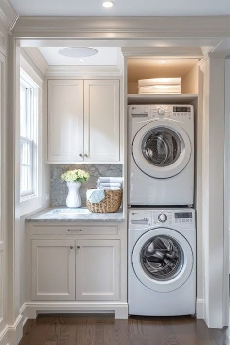 Washer Dryer Laundry Room, Stacked Laundry, Laundry Room Inspo, Laundry Room Decor Ideas, Stacked Laundry Room, Laundry Nook, Utility Room Ideas, Laundry Room Ideas Small Space, House Laundry Room