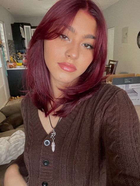 Burgundy Hair On Short Hair, Red Hair Shoulder Length Straight, Burgundy Red Short Hair, Cherry Red Hair Straight, Burgundy Hair Without Bleach, Dark Cherry Red Hair Medium Length, Mid Length Dark Red Hair, Wine Red Hair Medium Length, Short Red Hair Curtain Bangs