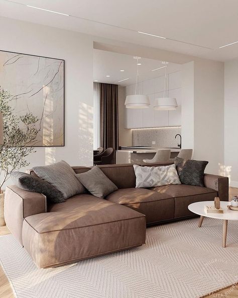 Living Rooms With Rugs, Minimalist Living Room Brown Couch, Brown Grey Living Room, Living Room Dark Couch, Dark Brown Sofa Living Room, Living Room Design Brown, Cloud Couch Living Room, Modern Living Room Brown, Beige Couch Living Room