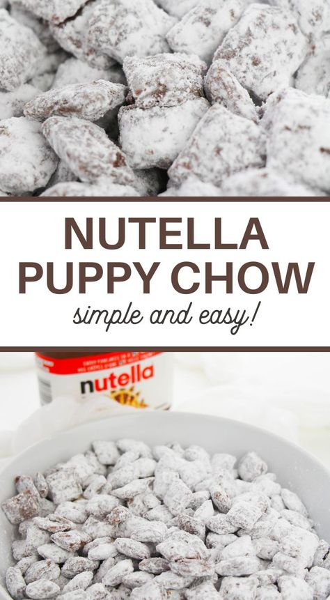 The flavor of this Nutella Puppy Chow Recipe is one of the best! You'll love grabbing handfuls of this sweet treat! Nutella Puppy Chow Recipe, Puppy Chow Recipe Without Peanut Butter, Churro Popcorn, Nutella Puppy Chow, Easy Puppy Chow Recipe, Puppy Chow Cookies, Puppy Chow Christmas, Puppy Chow Chex Mix Recipe, Puppy Chow Recipe