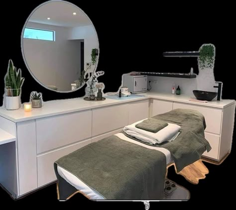 Esthetician Room Set Up Ideas, Home Pmu Studio, Esthetician Spa Decor, Relaxing Salon Ideas, In Home Facial Room, Spa Plants Decor, Esthetician Shelf Decor, Esthetician Selfie Wall, Salon Interior Design Facial Room