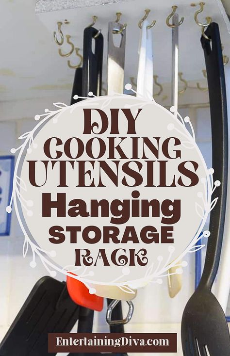 This DIY under cabinet storage rack is the best way to hang your kitchen utensils. It's super simple to make and makes everything so easy to reach. One of my favorite kitchen organization ideas ever! Diy Kitchen Utensil Holder Hanging, Diy Kitchen Utensil Organization, Small Kitchen Shelf, Hanging Kitchen Utensils, Utensil Hanger, Diy Utensils, Under Cabinet Storage, Kitchen Utensil Storage, Budget Friendly Diy