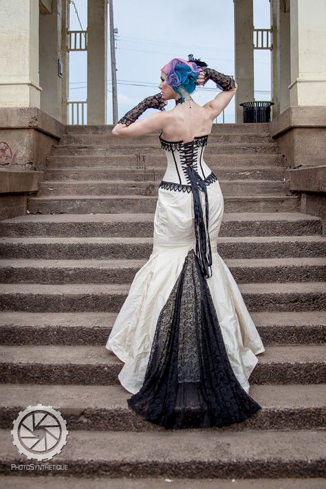 Mermaid Wedding Dress Gothic Bride Steampunk by KMKDesignsllc Steampunk Gown, Ivory Wedding Dress Mermaid, Wedding Dress With Corset, Mermaid Ball Gowns, Black Wedding Dress Gothic, Moda Steampunk, Sweep Train Wedding Dress, Steampunk Couture, Gothic Bride