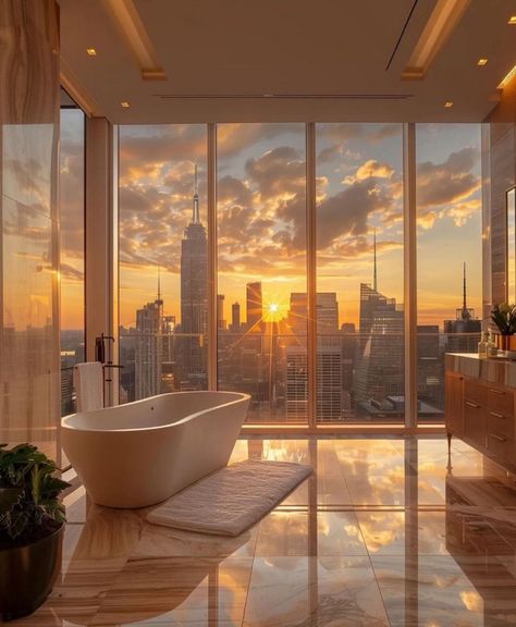 Dream House Big, Ny Apartment Decor, Bathroom With View, Luxury City Apartment, Glass Interior Design, Luxury Nyc Apartment, Penthouse Aesthetic, Penthouse Views, Aesthetic Apartment