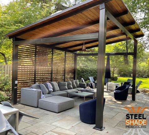 CUSTOM 14'X15'X4 POST, STRAIGHT JOIST, PITCHED ROOF, CURTAIN ROD, FAN MOUNT, CEDAR SHADE BAR BACK SCREENING, 2'X6" TOUNGE AND GROOVE ROOF DECKING Sun Shade Pergola, Shed Roof Pergola, Cantaleavered Pergola, Modern Outdoor Pergola, Patio With Roof Ideas, Gazebo With Pergola Attached, Covered Patio Privacy Ideas, Pergola With Wall, Outside Pergola Ideas Patio