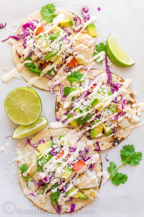 Best Fish Taco Sauce, Fish Taco Toppings, Slaw For Fish Tacos, Fish Tacos With Cabbage, Natashas Kitchen, Fish Taco Sauce, Taco Ingredients, Fish Taco, Fish Tacos Recipe