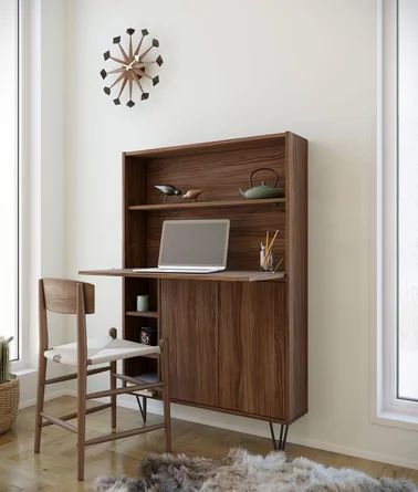 Wade Logan® Barta Secretary Desk | Wayfair Mid Century Modern Desk, Wall Mounted Desk, Floating Desk, Secretary Desk, Wall Desk, Walnut Desks, Secretary Desks, White Desks, Hairpin Legs