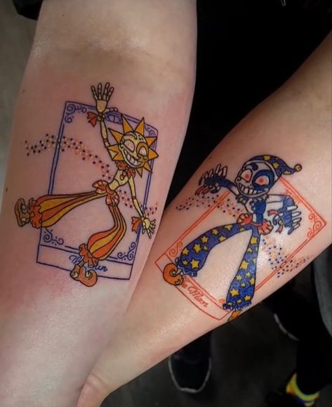 Fnaf Matching Tattoos, Fnaf Tattoos Ideas, Sun And Moon Fnaf Tattoo, Gravity Falls Matching Tattoos, Simple Fnaf Tattoos, Sundrop Tattoo, Matching Adventure Time Tattoos, Matching Tattoos Anime, Matching Anime Tattoos