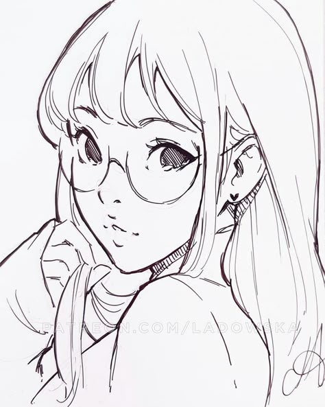 Cartoon Art Styles Lineart, Glasses Pose Reference Drawing, Glasses Girl Drawing, Lineart Reference, Digital Art Lineart, Ladowska Art, Oc Lineart, Asia Ladowska, Girl With Glasses