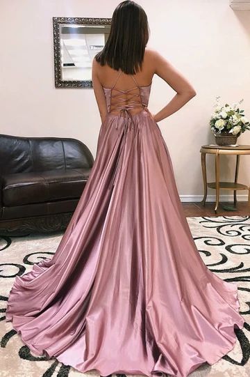 Dusty Rose, Prom Dress, Spaghetti, A Line, Prom Dresses, Prom, Satin, Train, V Neck