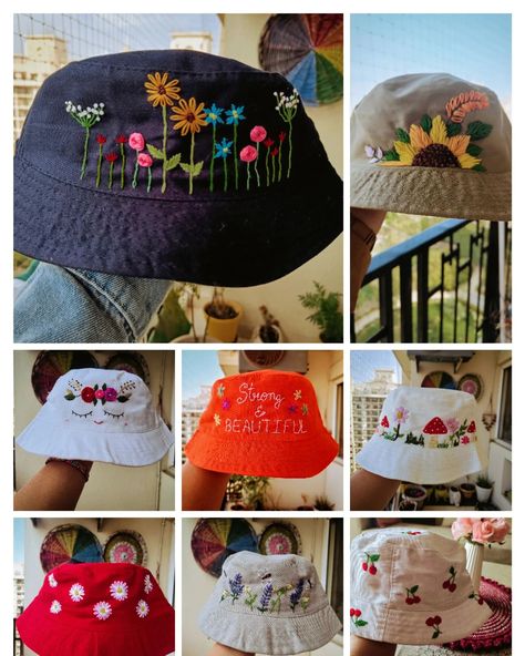 Hand Embroidered Bucket Hats 🤠 Bucket Hat Diy, Embroidered Bucket Hat, Bucket Cap, Diy Hat, Bucket Hats, Beaded Embroidery, Sun Hats, Hand Embroidered, Bucket Hat