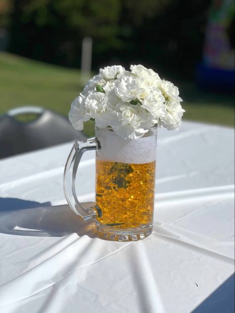 Beer Display Ideas Party, Beer Theme Birthday Party, Dads 60th Birthday Ideas Party Themes, Cheers And Beers Dessert Table, Beer Themed Party Ideas, 30th Birthday Brewery Party, Brewery Party Ideas, Beer Stein Centerpiece, Beer Birthday Decorations