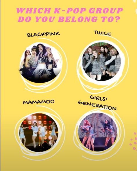 We've all sat at home and day dreamed of being a star. And one of the biggest dreams is to be a member of a K-Pop girl group. The group choreography, the matching ensembles, the songs, the adoring fans, and everything else involved. But with so many K-Pop groups out there, which one would be the perfect fit for your personality?

Take this quiz and find out! #BLACKPINK #GirlsGeneration #TWICE #Mamamoo #Kpop #Quiz Kpop All Groups Together, K-pop Group, Group Choreography, Blackpink Quiz, Kpop Quiz, K Pop Groups, K Pop Girl, Blackpink Members, Kpop Girl Groups