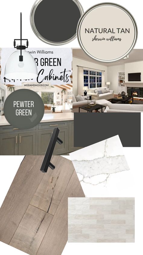 Pewter Green Cabents / Iron Ore Island with Calacatta Quartz Countertops Pewter Green Cabinets, Iron Ore Island, Calacatta Quartz Countertops, Painted Kitchen Island, Green Kitchen Island, Pewter Green, Calacatta Quartz, Paint Color Inspiration, House Color Palettes