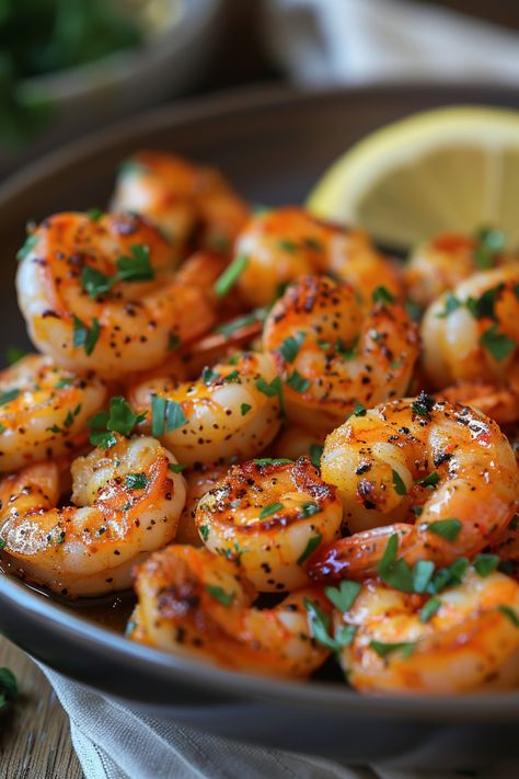 Grilled shrimp garnished with chopped parsley and served with a lemon wedge. Shrimp Recipe Ideas, Recipes With Shrimp, Healthy Shrimp Recipes, Flavorful Shrimp, Simple Family Meals, Malay Food, Shrimp Recipes Healthy, Hosting Dinner, Shrimp Recipes For Dinner