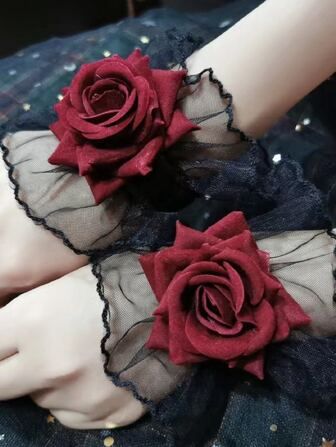 SHEIN Décor Steampunk, Red Dress Day, Quince Stuff, Mode Steampunk, Wrist Flowers, Genshin Oc, Elegante Y Chic, Gothic Rose, Ribbon Bracelets