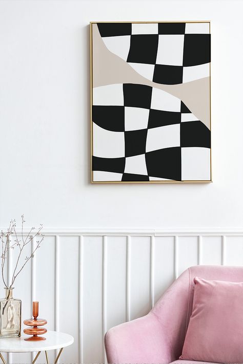 A poster with an abstract checkerboard pattern in white, black and beige on a white wall. A pink chair and a white table with two decorative vases. Checkered Wall Art, Checkerboard Art, Checkered Art, Canva Creations, Beige Fits, Art For House, Alice In The Wonderland, Small Apartment Living Room, Tufted Rugs