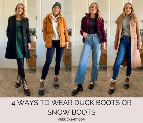 How to Wear Snow Boots With Cute Outfits - Merrick's Art Duck Boots Outfit Jeans, How To Style Duck Boots, Duck Boot Outfit Ideas, Styling Duck Boots, Duck Boot Outfit, Style Duck Boots, Duck Boots Outfit, Snow Boots Outfit, Aritzia Coat