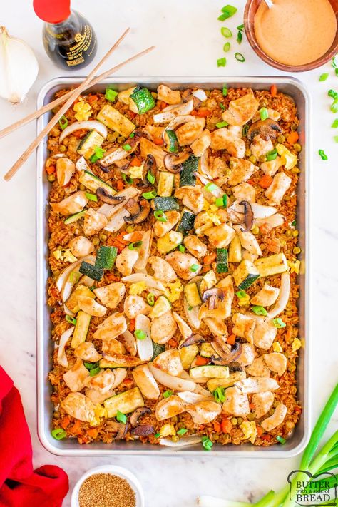 SHEET PAN HIBACHI CHICKEN - Butter with a Side of Bread Sheet Pan Hibachi, Rice And Eggs, Crockpot Ham And Beans, Smoked Meatloaf Recipe, Soy Sauce Rice, Healthy Chinese Recipes, Hibachi Chicken, Chicken Veggies, Pan Recipe