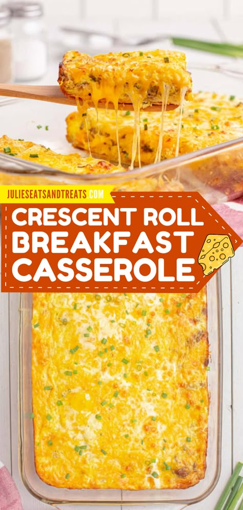 If you need an easy make ahead breakfast casserole than this Crescent Roll Breakfast Casserole is the perfect option! Simply prepare it the night before then bake it when you wake up. Crescent roll crust topped with sausage, eggs and cheese. Sausage Cream Cheese Breakfast Casserole Crescent Rolls, Crescent Roll Brunch Recipes, Best Christmas Breakfast Casserole, Sausage Egg And Cheese Crescent Rolls, Kid Friendly Breakfast Casserole, Breakfast Potluck Ideas For Work, Easy Sausage Breakfast Casserole, Joyous Apron, Crescent Roll Breakfast