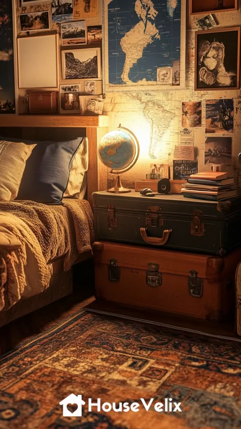 Travel Explorer’s Den Updated Explorer Themed Room, Archaeology Aesthetic Room, Indiana Jones Bedroom, Explorer Aesthetic Decor, Boys Wilderness Bedroom, Boys Vintage Bedroom, Travel Inspired Bedroom, Vintage Little Boys Room, Adventure Theme Bedroom