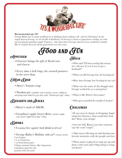 Holiday Themed Movie Night, It’s A Wonderful Life Themed Party, Dinner And A Movie Christmas, Christmas Movie Night Menu Ideas, Christmas Dinner And Movie Night, Christmas Movie Menu Ideas, It’s A Wonderful Life Party Ideas, Christmas Movie Dinner Ideas, Christmas Movie Night Food